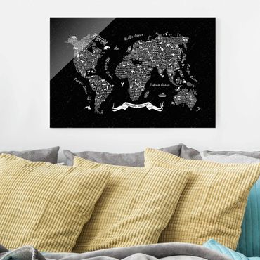 Tableau en verre - Typography World Map Black