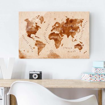 Tableau en verre - World Map Watercolour Beige Brown