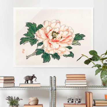 Tableau en verre - Asian Vintage Drawing Pink Chrysanthemum
