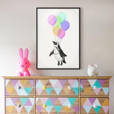 Poster encadré - Illustration Penguin Pastel Balloons