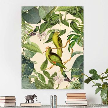 Tableau en verre - Vintage Collage - Parrots In The Jungle