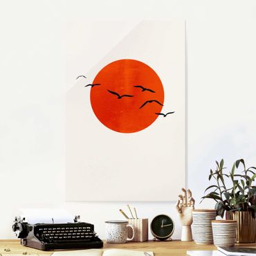 Tableau en verre - Flock Of Birds In Front Of Red Sun I