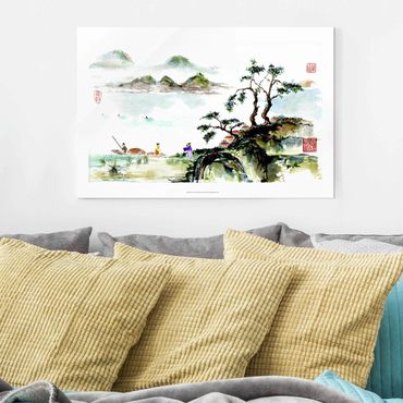 Tableau en verre - Japanese Watercolour Drawing Lake And Mountains