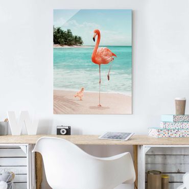 Tableau en verre - Beach With Flamingo