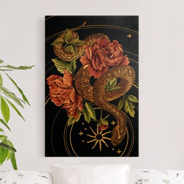 Tableau sur toile or - Snake With Roses Black And Gold III