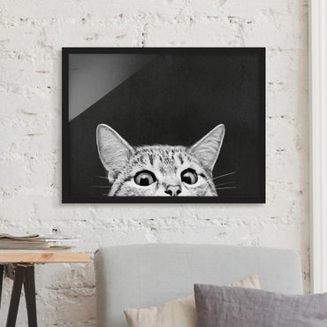 Poster encadré - Illustration Cat Black And White Drawing