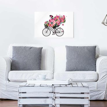Tableau en verre - Illustration Woman On Bicycle Collage Colourful Flowers