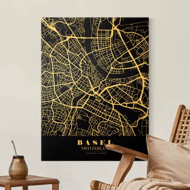 Tableau sur toile or - Basel City Map - Classic Black