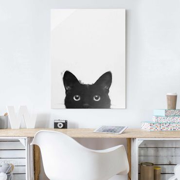 Tableau en verre - Illustration Black Cat On White Painting