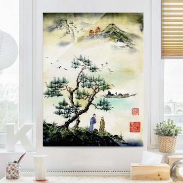 Tableau en verre - Japanese Watercolour Drawing Pine And Mountain Village