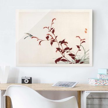 Tableau en verre - Asian Vintage Drawing Red Branch With Dragonfly