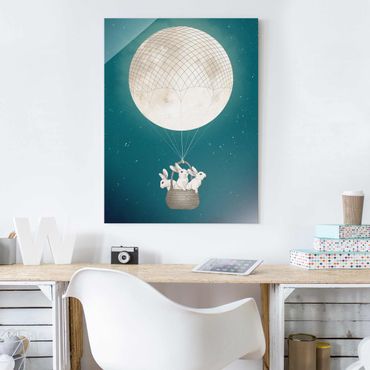 Tableau en verre - Illustration Rabbits Moon As Hot-Air Balloon Starry Sky