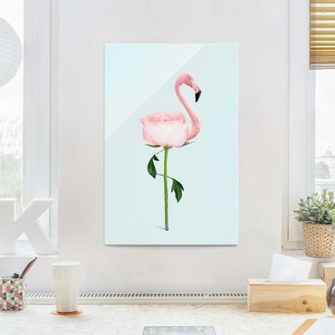 Tableau en verre - Flamingo With Rose
