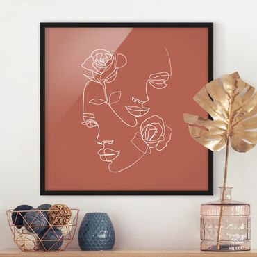 Poster encadré - Line Art Faces Women Roses Copper