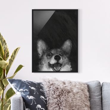 Poster encadré - Illustration Dog Corgi Paintig Black And White