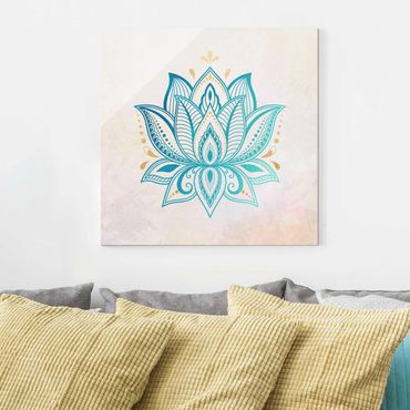 Tableau en verre - Lotus Illustration Mandala Gold Blue