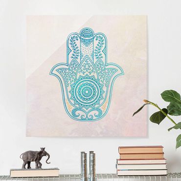 Tableau en verre - Hamsa Hand Illustration Mandala Gold Blue