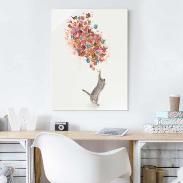 Tableau en verre - Illustration Cat With Colourful Butterflies Painting