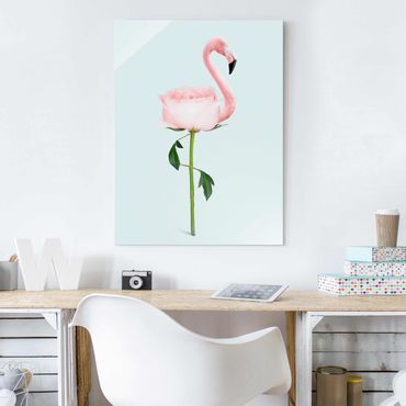 Tableau en verre - Flamingo With Rose