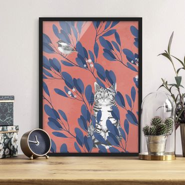 Poster encadré - Illustration Cat And Bird On Branch Blue Red