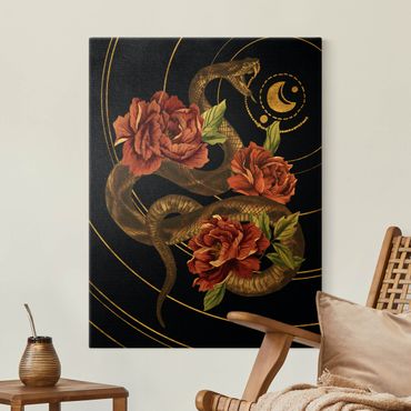 Tableau sur toile or - Snake With Roses Black And Gold II