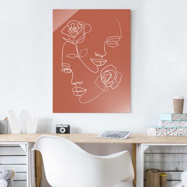 Tableau en verre - Line Art Faces Women Roses Copper
