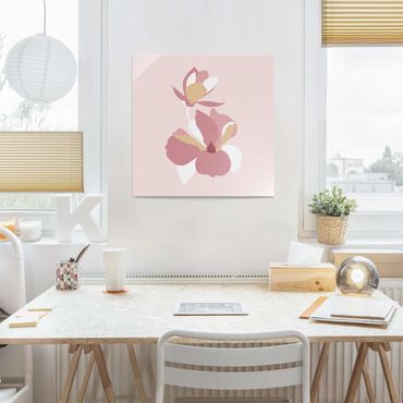 Tableau en verre - Line Art Flowers Pastel Pink