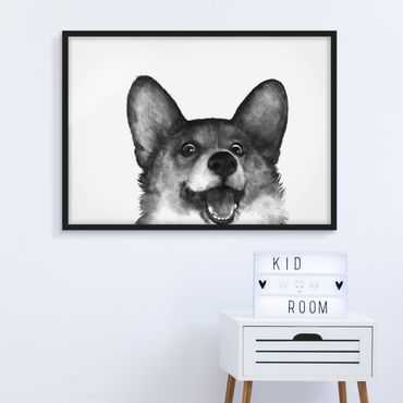 Poster encadré - Illustration Dog Corgi Black And White Painting