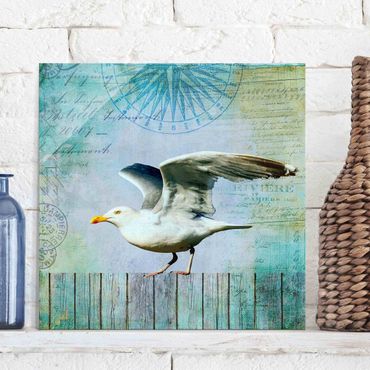 Tableau en verre - Vintage Collage - Seagull On Wooden Planks