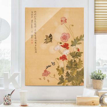 Tableau en verre - Yuanyu Ma - Poppy Flower And Butterfly