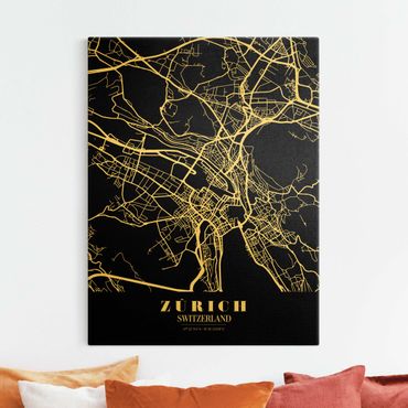Tableau sur toile or - Zurich City Map - Classic Black