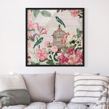 Poster encadré - Shabby Chic Collage - Pink Flowers And Blue Birds
