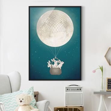 Poster encadré - Illustration Rabbits Moon As Hot-Air Balloon Starry Sky