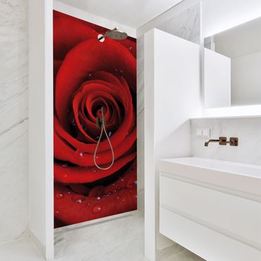 Revêtement mural de douche - Red Rose With Water Drops