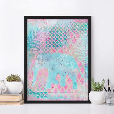 Poster encadré - Colourful Collage - Elephant In Blue And Pink