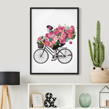 Poster encadré - Illustration Woman On Bicycle Collage Colourful Flowers