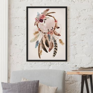 Poster encadré - Dream Catcher With Roses And Feathers