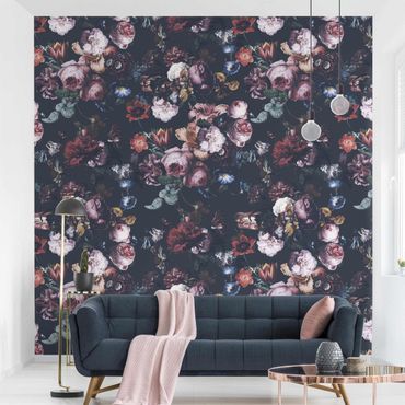 Walpaper - Old Masters Flowers With Tulips And Roses On Dark Gray