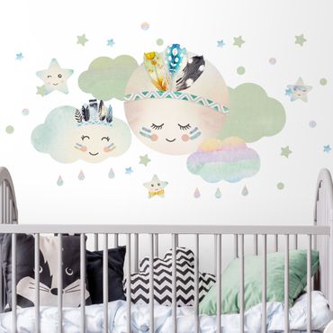 Sticker mural - Watercolor Moon Clouds Star Feathers