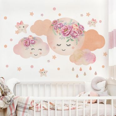 Sticker mural - Watercolor moon clouds and stars with roses
