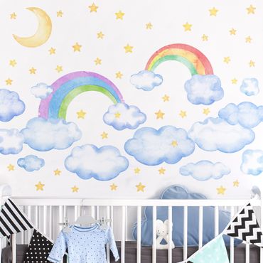Sticker mural - Watercolour Clouds Rainbow Stars Set