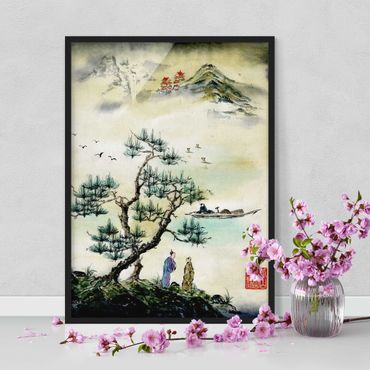 Poster encadré - Japanese Watercolour Drawing Pine And Mountain Village
