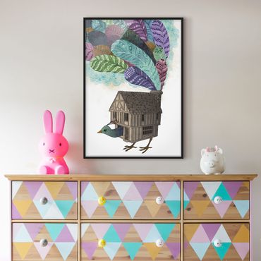 Poster encadré - Illustration Birdhouse With Feathers
