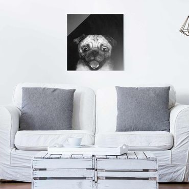 Tableau en verre - Illustration Dog Pug Painting On Black And White