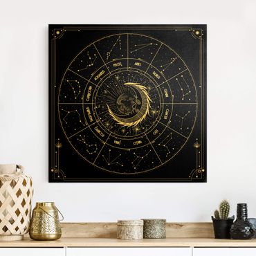Tableau sur toile or - Astrology Moon And Zodiac Signs Black