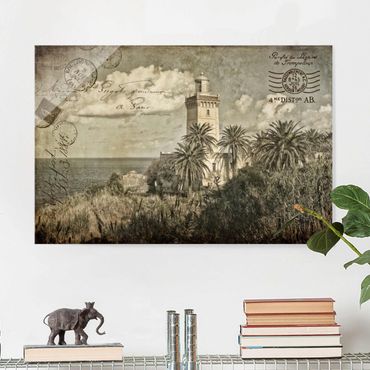 Tableau en verre - Vintage Postcard With Lighthouse And Palm Trees