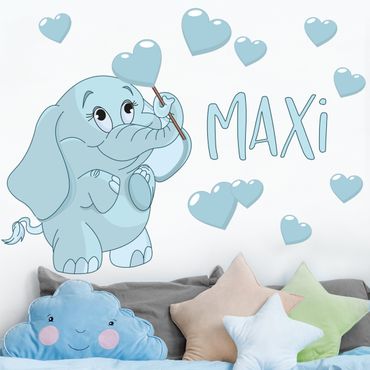 Sticker mural - Blue baby elephant with many hearts