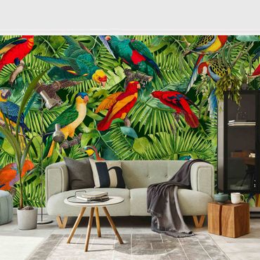 Papier peint - Collage colorato - Pappagalli nella giungla