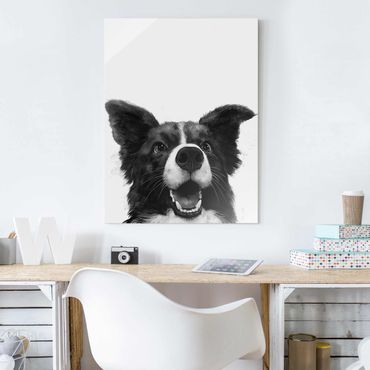 Tableau en verre - Illustration Dog Border Collie Black And White Painting