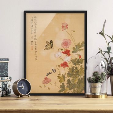Poster encadré - Yuanyu Ma - Poppy Flower And Butterfly